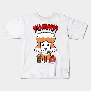 Cute brown dog is having coffee and cake Kids T-Shirt